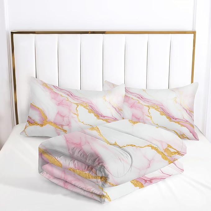 Girls Comforter Set Twin: Pink Marble Twin Bedding Sets for Teen Girls Tween Kids Pink and Gold Glitter Abstract Marbling Pastel Quilt Bed Set 1 Comforter & 1 Pillow Case
