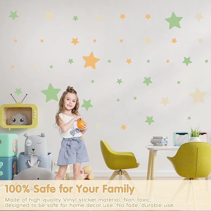 Stars Wall Stickers for Girls Kids, Vinyl Colorful Stars Wall Decals Peel and Stick, Spring Theme Stars Wall Stickers for Kids Room Nursery Girls Bedroom