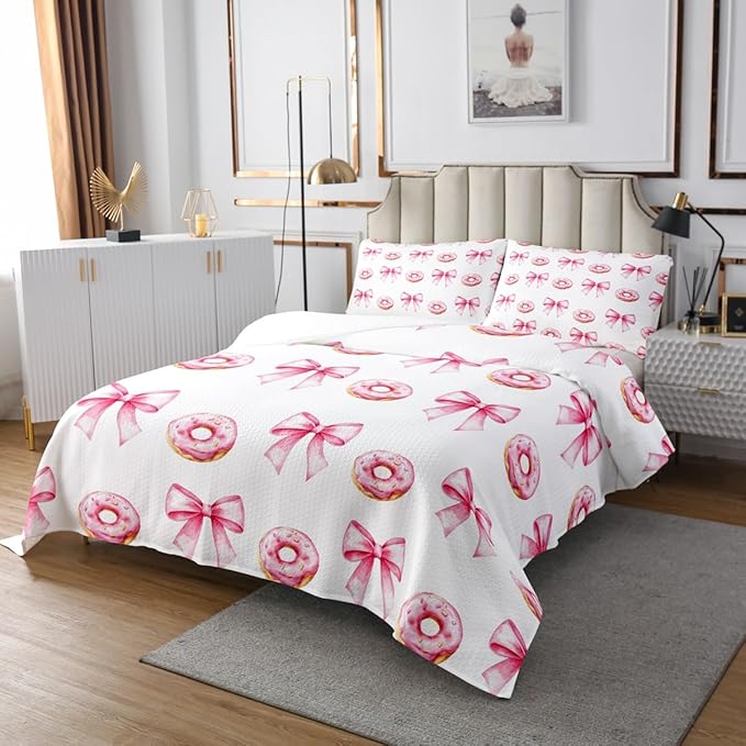 Pink Bowknot Kids Bedspread Twin Size,Donut Dessert Cartoon Food Toddler Coverlet Set,Girls Women Room Decor,Bow Tie Knot Princess Style Quilted Coverlet,Cute Fashion Bedding Quilt,1 Pillowcase