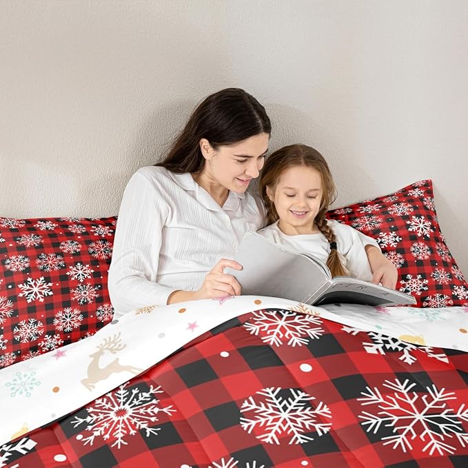 Feelyou Christmas Comforter Set Full Size Red Black Plaid Bedding Set for Kids Boys Girls Winter Snow Duvet Quilt Snowflake Red Bedroom Decor Microfiber 3 Pcs with 2 Pillow Cases