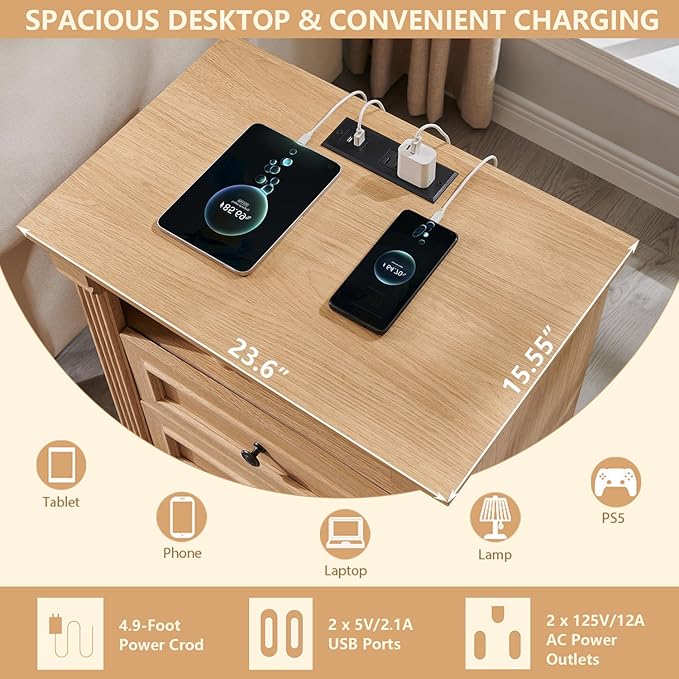 26" Tall 2 Drawers Dresser for Bedroom, Farmhouse 23.6" Wide Large Nightstand with Charging Station, Wood Rustic Side Table w/Roman Column, End Table for Bedroom, Living Room, Natrual