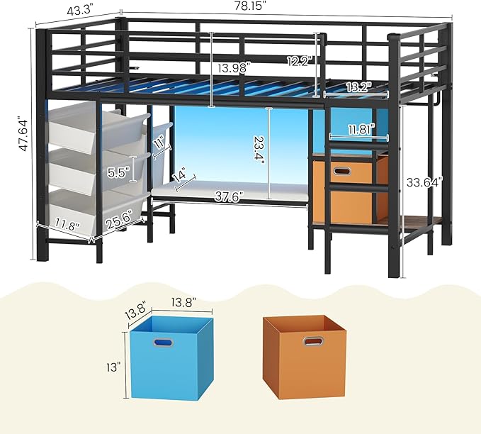 DICTAC Low Twin Loft Bed with Reading Corner,3 Sling Drawers and 2 Movable Storage Bins,Metal Twin Size Loft Bed for Kids with LED Lights and Storage Basket,13.98" H Safety Guardrail & Stairs, Black