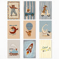 9 Pieces Nursery Animals Canvas Wall Art, Kids Room Cute Bear Dog Cat Giraffe and Bunny Picture, Skateboard Cars Rocket and Hot Air Balloon Poster for Boys Bedroom Playroom 12x16in Unframed