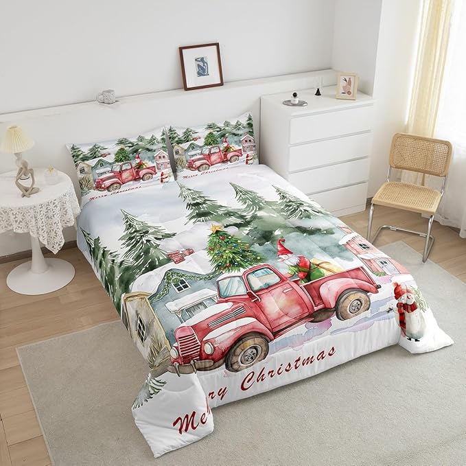Red Old Truck Comforter Set Twin Size,Christmas Tree Gnome Bedding Set for Kids Boys Girls Room Decor,Snowman Winter Rustic Style Quilt Set 2Pcs,Merry Christmas Retro Duvet Insert,1 Pillowcase