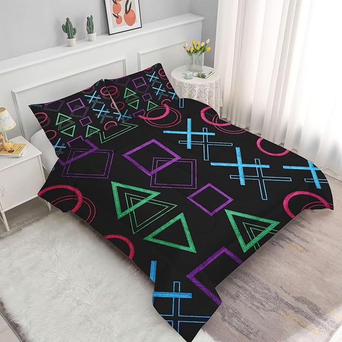 Game Bedding Set King Size Geometric Comforter for Kids Boys Men Black Abstract Bedroom Decor Quilt Bed Sets, 1 Comforter 2 Pillowcases