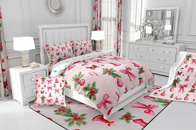 Feelyou Santa Claus Bedding Set Soft for Boys Girls, Pink Bow Comforter Set Queen Size Christmas Ornament Duvet Quilt Microfiber Candy Cane Bedroom Decor Holly Berry 3 Pcs with 2 Pillow Cases