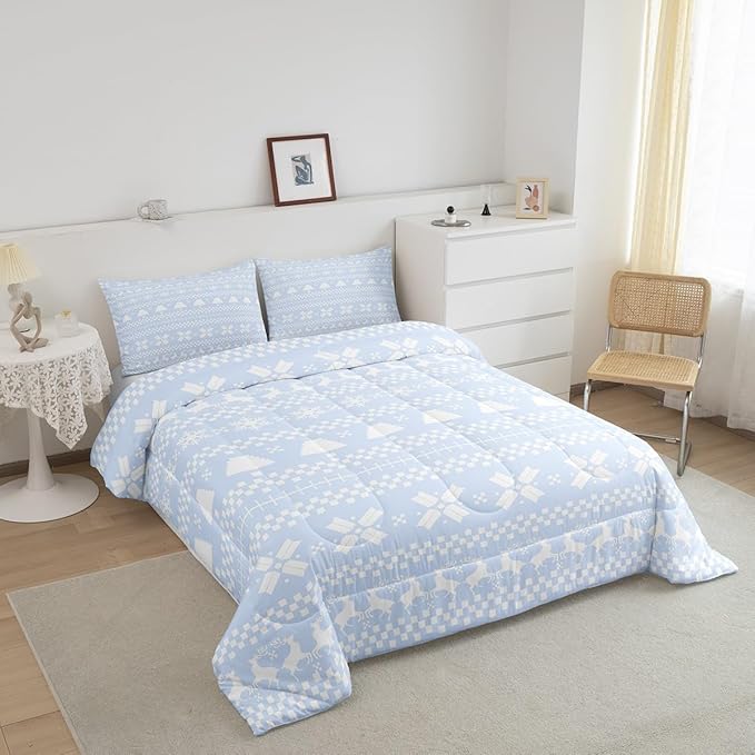 Feelyou Christmas Bedding Set for Kids Boys Girls Toddler Size Xmas Deer Decor Comforter Set Ultra Soft Xmas Snowflake Comforter Winter Duvet Quilt Bedroom Decor Christmas Decorations Quilt