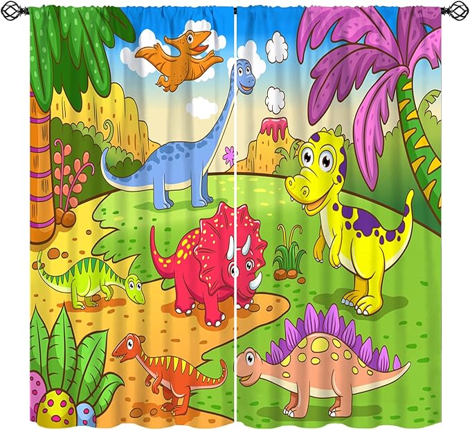 Cute Dinosaur Curtains, Colorful Cartoon Dino Pattern Blackout Window Treatments, Rod Pocket Thermal Insulated Drapes 2 Panel Sets for Kids Bedroom Nursery Classroom, 42" W X 63" L