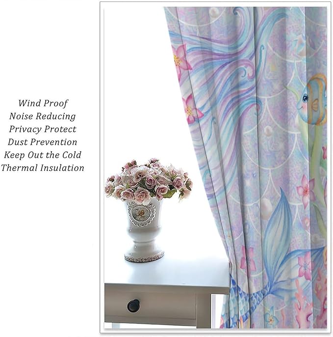 Mermaid Curtains for Girls Children Pink Sea Animal Mermaid Coral Bedroom Curtains for Living Room Room 84x84 Inch