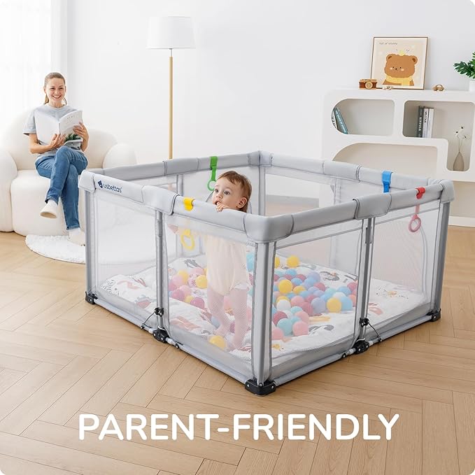 Foldable Baby Playpen,Portable Playpen for Babies and Toddler,50 * 50 Inch Kids Travel Play Pen with 4 Handlers,Carry Bag,Lighgtweight Baby Play Yard for Indoor&Outdoor,Light Gray