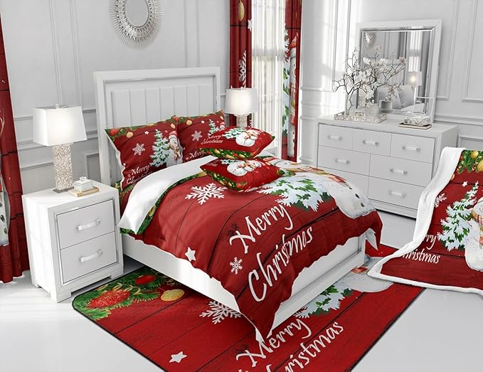 Manfei Christmas Comforter Set Twin Size, Cute Snowman Tree Print Quilt Set with 1 Pillowcase, New Year Theme Rustic Style Xmas Bedding Set 2pcs for Kids Boys Girls Bedroom Decor