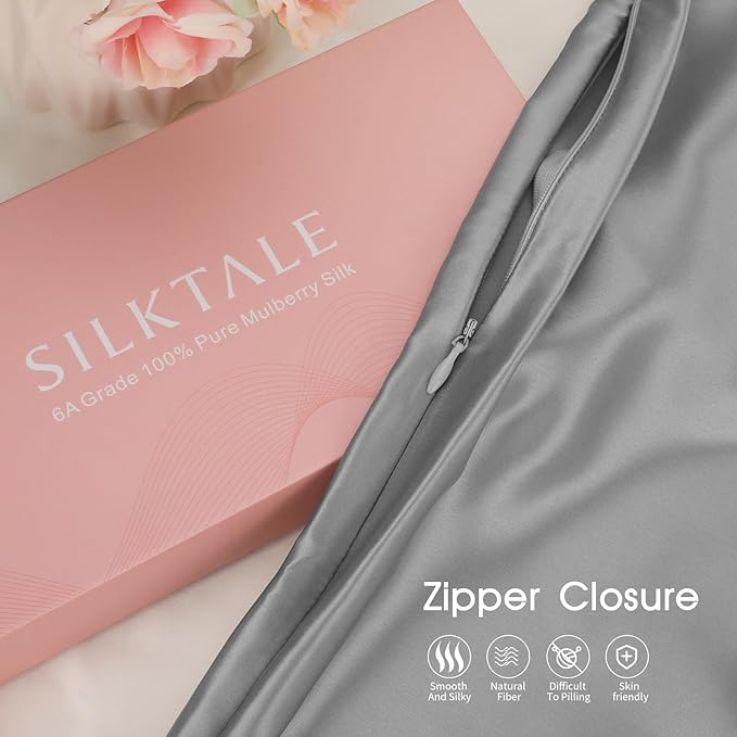100% Mulberry Silk Pillowcase with Hidden Zipper,Both Sides Pure Silk Breathable Pillow Case for Hair and Skin,19 Momme Grade 6A,1pc,Light Gray,Queen Size 20x30 Inches
