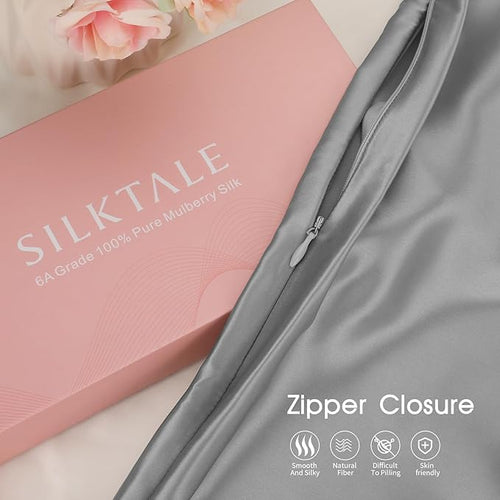 100% Mulberry Silk Pillowcase with Hidden Zipper,Both Sides Pure Silk Breathable Pillow Case for Hair and Skin,19 Momme Grade 6A,1pc,Light Gray,Queen Size 20x30 Inches