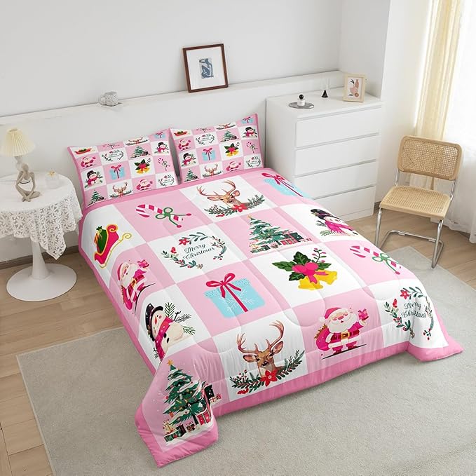 Erosebridal Merry Christmas Comforter Set for Kids Christmas Tree Quilt Twin Size with 1 Pillow Case Santa Claus Xmas Decor Bedding Set Kawaii Snowman Bedding Comforter Sets,Pink