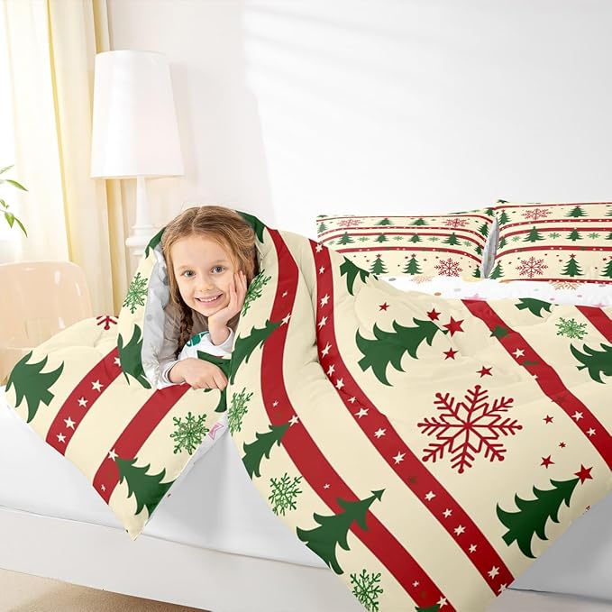 Feelyou Christmas Bedding Set Soft for Boys Girls, Xmas Tree Comforter Set Toddler Size Snowflake Star Duvet Quilt Microfiber New Year Theme Bedroom Decor 2 Pcs with 1 Pillow Cases
