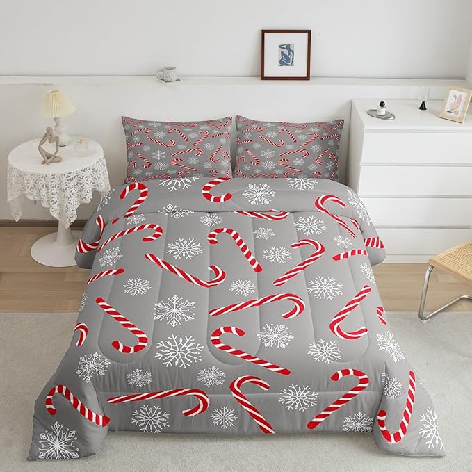 Erosebridal Xmas Candy Cane Queen Bedding Set 7 Piece,Merry Christmas Bed in A Bag for Kids Boys Girls,Winter Snowflake Comforter Set Grey Christmas Ornaments Sheet Set with Comforter