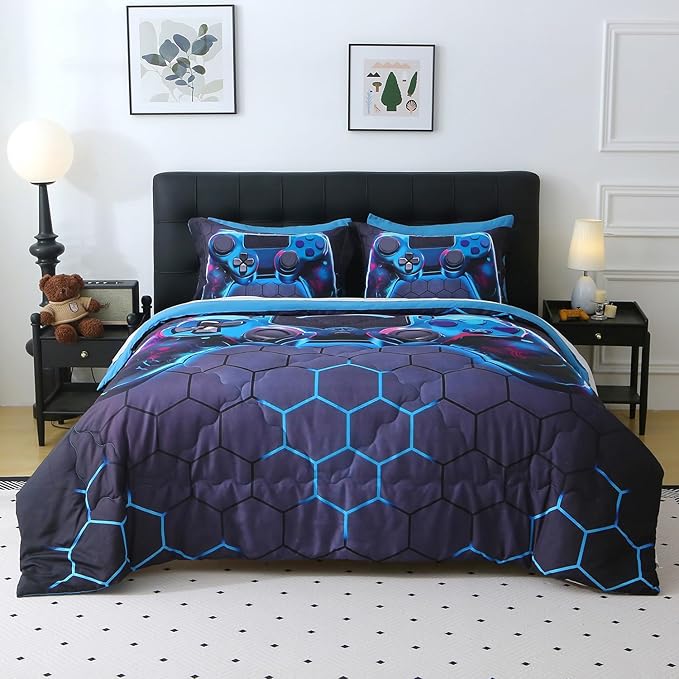Wajade Game Console Comforter Set for Boys 7 Piece Blue 3D Gaming Geometric Bedding Sets for Kids Queen Size as Birthday with Comforter, Sheet Set, Pillowcase and Sham