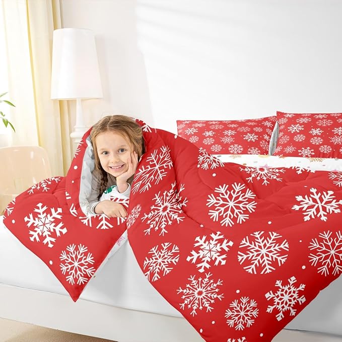 Feelyou Christmas Comforter Set All Season Winter Snowflake Bedding Set with 1 Pillow Cases Xmas Festival Microfiber Kids Toddler Bedclothes Snowflake Red Bedroom Decor Duvet Quilt Breathable Soft