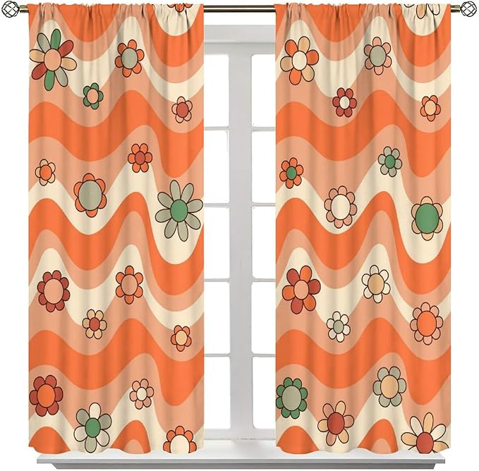 70s Boho Retro Curtains for Bedroom,Groovy Vintage Floral Rainbow Window Treatments Drapes for Kids Girls Window 63"" W X 63"" L, Style-6