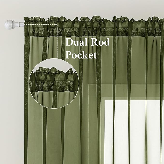 MIULEE 2 Panels Solid Color Sheer Window Curtains Elegant Window Voile Panels/Drapes/Treatment for Bedroom Living Room (54X72 Inches Olive Green)