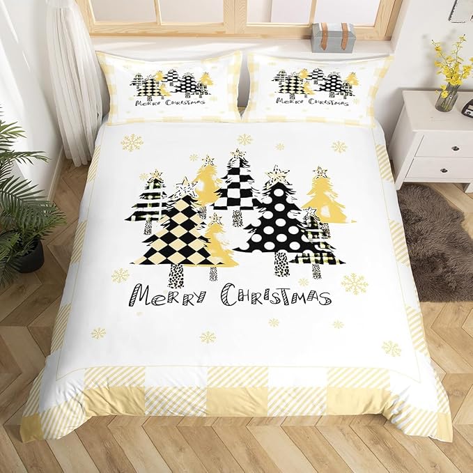 Manfei Xmas Tree Duvet Cover Set King Size, Yellow Plaid Grid Snowflake Comforter Cover with 2 Pillowcases, Christmas Theme Bedding Set for Kids Girls Room Decor New Year Bedspread Cover, No Comforter