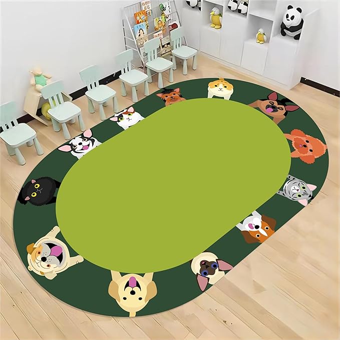 Cat and Dog Kids Area Rug, 5x6ft, Children's Pet Print Oval Rugs, Children's Educational Learning Animal Play Mat for School Classroom, Non-Slip Washable Green Carpet for Nursery Bedroom