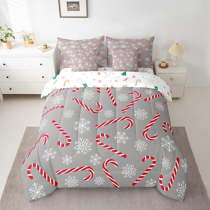 Erosebridal Xmas Candy Cane Full Bedding Set 7 Piece,Merry Christmas Bed in A Bag for Kids Boys Girls,Winter Snowflake Comforter Set Grey Christmas Ornaments Sheet Set with Comforter