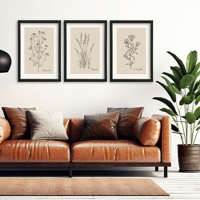 YWJKWLGS Vintage Botanical Wall Art 16x24 Inch Set Of 3 Wooded Framed Minimalist Rustic Wildflower Pictures Floral Sign Bedroom Wall Hanging Decor (Black)