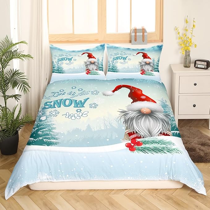 Manfei Winter Duvet Cover Set Full Size, Christmas Gnomes Bedding Set 3pcs for Kids Boys Girls Bedroom Decor, White Snowflake and Trees Print Xmas Comforter Cover with 2 Pillowcases,No Comforter