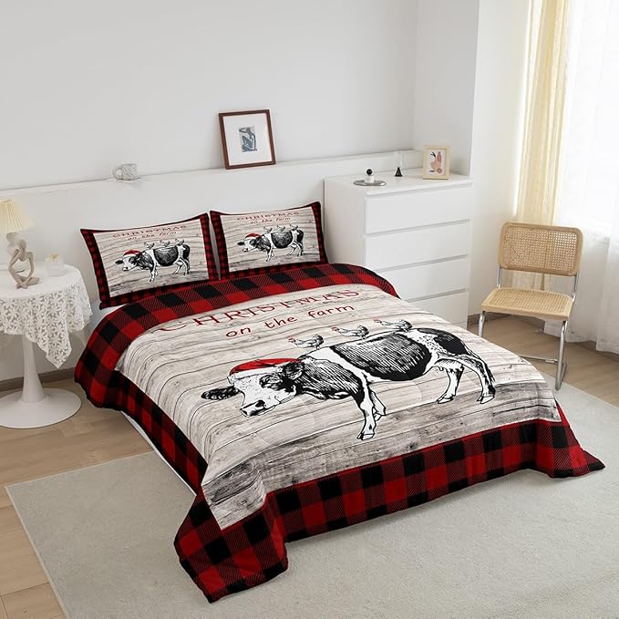 Castle Fairy Cartoon Cow Chicken Bed Comforter Set Queen Size,Vintage Wooden Plank Red Grids Super Soft Microfiber Bedding Set for Adults Men,Christmas Farm Decorative Comforter Set,3 Pcs