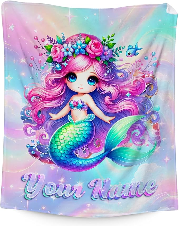 Toddler Blanket for Girls - Custom Mermaid Blanket for Girls 4-6 - Kids Mermaid Gifts for Crib, Lap