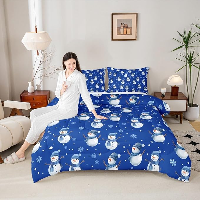 jejeloiu Kids Cute Winter Snowman Comforter Set Toddler Blue Christmas Theme Bedding Set for Boys Girls Teens Xmas Snowflake Happy New Year Duvet Quilt Room Decor