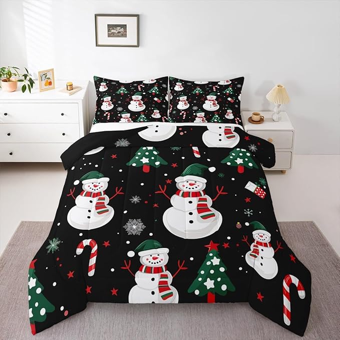 jejeloiu Kids Cute Winter Snowman Comforter Set Full Size Christmas Theme Bedding Set for Boys Girls Teens Xmas Candy Cane Snowflake Happy New Year Duvet Quilt Room Decor
