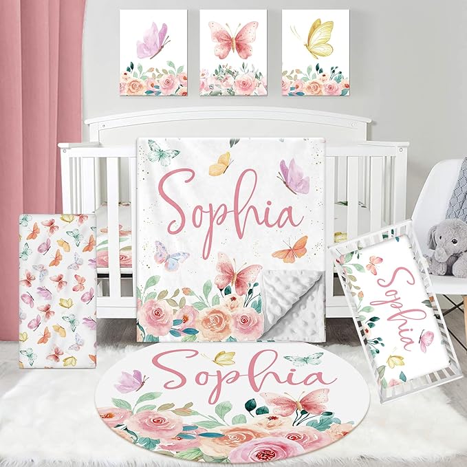 Personalized Baby Bedding Set: 5 Piece Custom Gift Butterfly Design Crib Bed Set with Name, Nursery Bedding Set for Baby Girls and Boys, Floral Crib Bedding Gifts