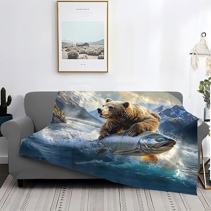 Tijuboni Bear Fish Throw Blanket Cabin Bear Gifts for Women Men Girls Boys Kids Adults Soft Flannel Fleece Blanket for Couch Sofa Bed Home Decor 50"x60"