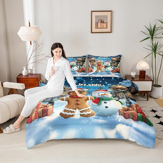 Gingerbread Man Comforter Set Full Size,Cute Snowman Merry Christmas Kids Bedding Set,Snowflake Winter Xmas Poinsettia Quilt Comforter,Blue Brown Duvet Insert,2 Pillowcases