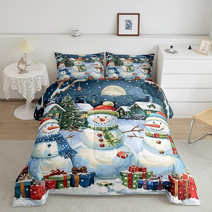 jejeloiu Kids Snowman Comforter Set King Size Countryside Christmas Theme Bedding Set for Boys Girls Teens Xmas Tree Snowflake Winter Happy New Year Duvet Quilt Room Decor
