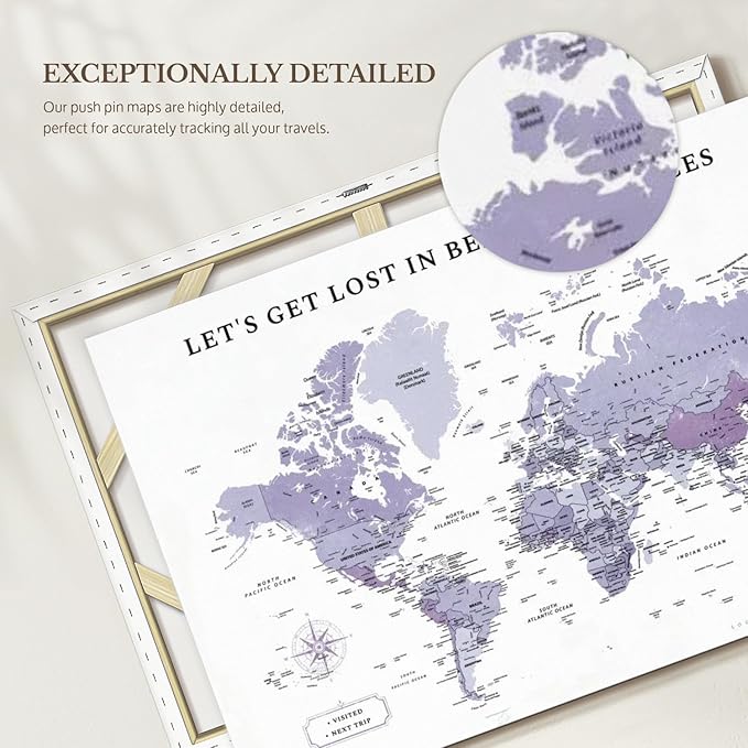 ElephantStock - Beautiful Places II Push Pin World Map Wall Art - Horizontal Canvas Wall Art - Living Room Wall Decor - Digital Art Map Canvas Art - White And Black Decor - 30" x 20"