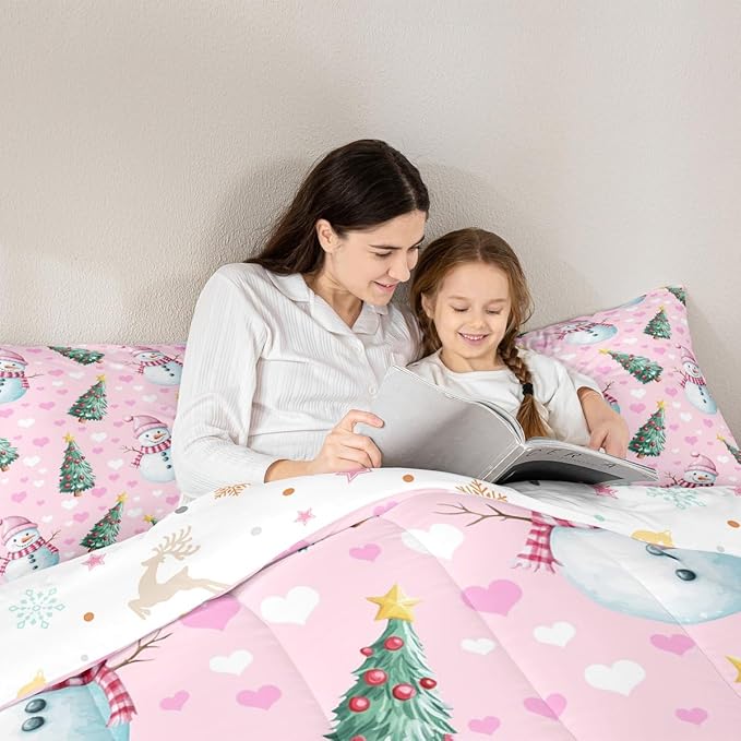 Feelyou Merry Christmas Comforter Set All Season Cute Snowman Bedding Set with 1 Pillow Cases Christmas Tree Microfiber Kids Twin Bedclothes Love Hearts Duvet Quilt Breathable Soft Lightweight