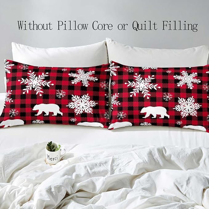 LUVIVIHOME 2PCS Christmas Duvet Cover Twin Bedding Sets, White Snowflake Bear Woodland Animals Cabin Lodge Holiday New Year Xmas Checkered Black Red Buffalo Plaid Comforter Quilt Cover, 1 Pillow Case
