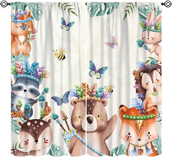 Jungle Safari Curtains, Cute Cartoon Forest Animals Pattern Blackout Window Treatments, Rod Pocket Thermal Insulated Drapes 2 Panel Sets for Children Boys Bedroom Nursery Classroom, 42" W X 45" L