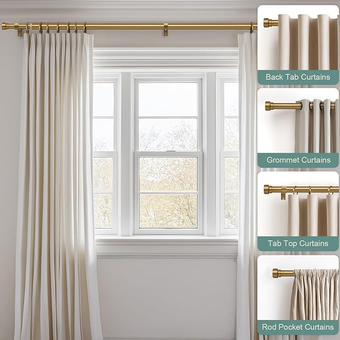 Brass Curtain Rods for Windows 72 to 144 Adjustable Modern Gold Curtain Rod 1 inch Diameter Heavy Duty with Solid Metal Finials for Living Room Bedroom Farmhouse Outdoor Patio