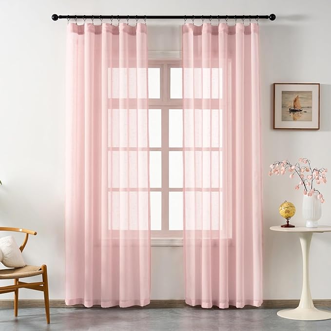Blush Pink Sheer Curtains 108 Inches Long, Linen Look Textured Light Filtering Drapes for Girls Room, Light Pink Transparent Window Decor, Floor to Ceiling Pinch Pleat Curtain with Hooks