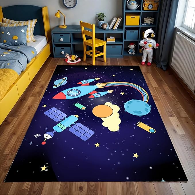Outer Space Themed Rug,3x4ft,with Cartoon Planets,Stars and Rocket Design Rugs, Suitable for Playroom Bedroom Printed Rug, Non-Slip Machine Washable Carpet, Children's Room Decor