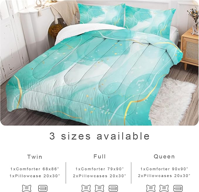 Teal Twin Bedding Set: Aqua Teal Marble Comforter Set for Teens Girls Women Abstract Cyan Blue Quilts Green and Gold Glitter Marbling Bed Sets 1 Comforter & 1 Pillow Case
