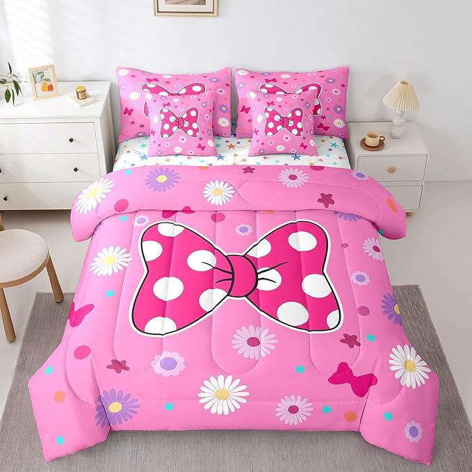 7 Pieces Pink Bowknot Kids Comforter Set King,Daisy Flowers Geometric Dot Patchwork Bedding Set,Bow Tie Cute Princess Dreamy Chic（Comforter+Fitted+Flat Sheet+2 Pillowcases+2 Throw Pillow Covers）