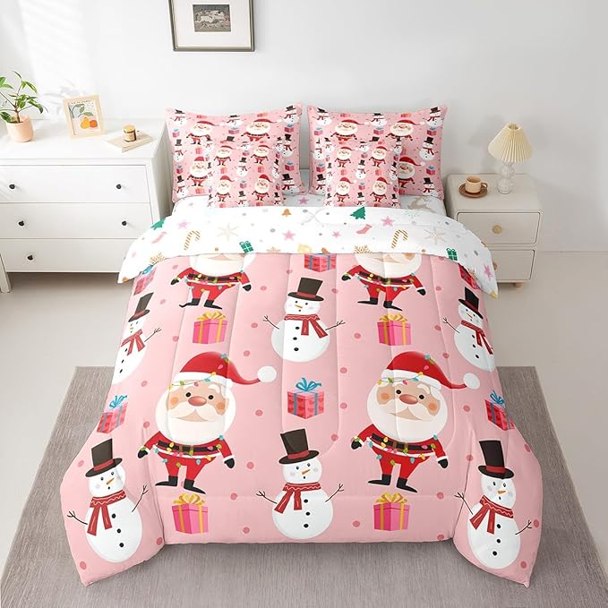 Christmas Bed in a Bag Merry Christmas Snowman Comforter Set with Sheets for Kids Boys Girls Decor Santa Claus Bed Set Kawaii Pink Bedding Set Bedroom Collection Full Size