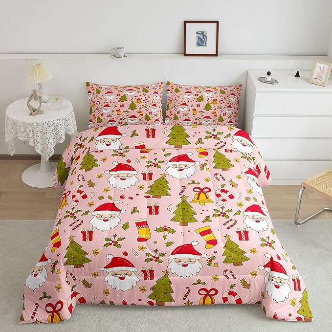 Feelyou Christmas Bedding Set for Kids Boys Girls Queen Size Cute Santa Claus Comforter Set Ultra Soft Comforter Xmas Tree Duvet Quilt Bedroom Decor Berries Pattern Printed Quilt
