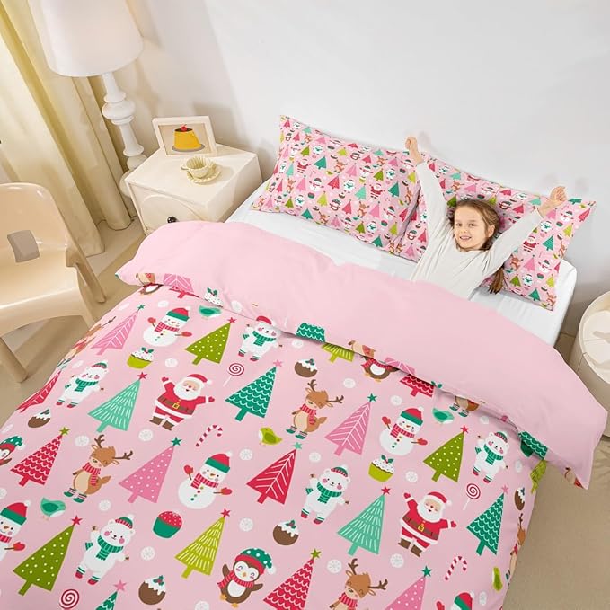 Christmas Bedding Set for Kids Boys Girls Cute Santa Claus Deer Comforter Cover Set Pink Christmas Tree Duvet Cover Bedroom Decor Kawaii Xmas Theme Bedspread Cover Toddler Size Bedding Collection 2Pcs
