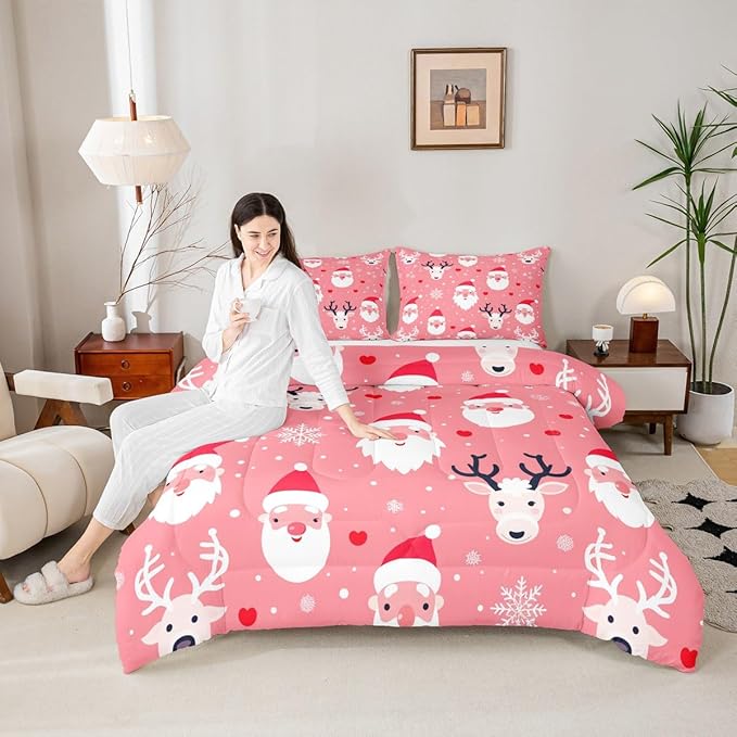 Feelyou Christmas Comforter Set All Season Santa Deer Bedding Set with 2 Pillow Cases Snowflake Microfiber Kids King Bedclothes Bedroom Decor Duvet Quilt Breathable Soft Lightweight